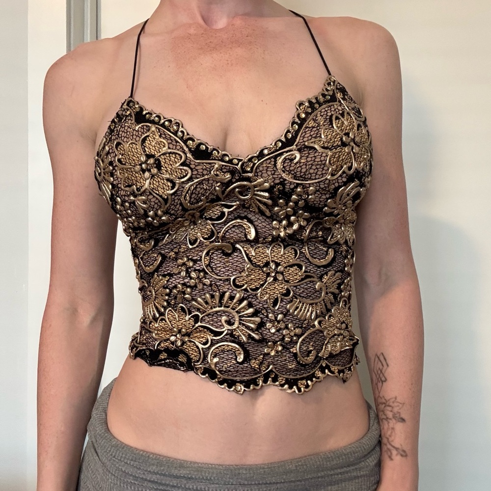 Elegant Black and Gold Lace Halter Top
